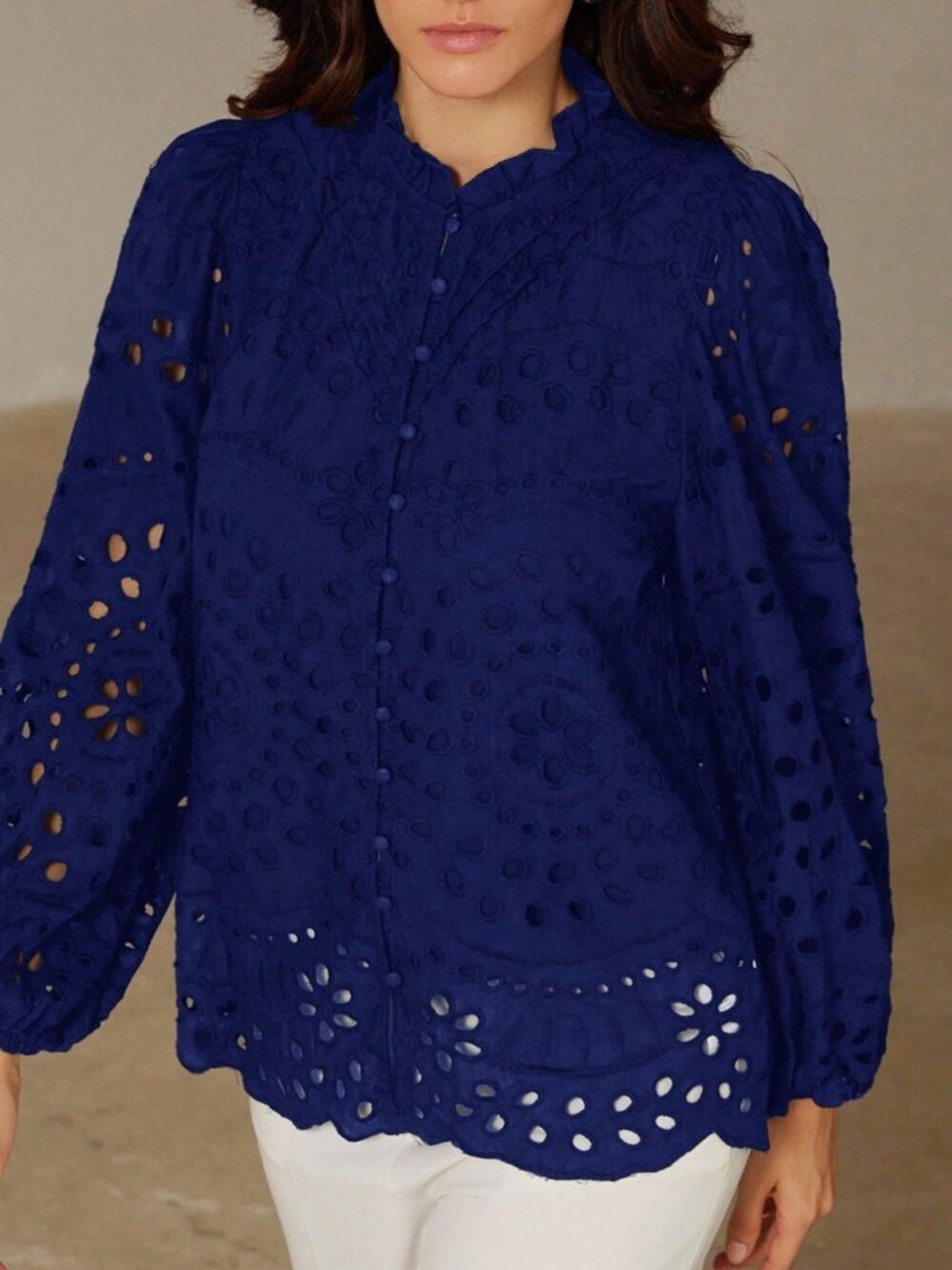 Blue Boho Women's Casual Embroidered Hollow-Out Pleated Front Long Sleeve Blouse - Picture 5 of 8